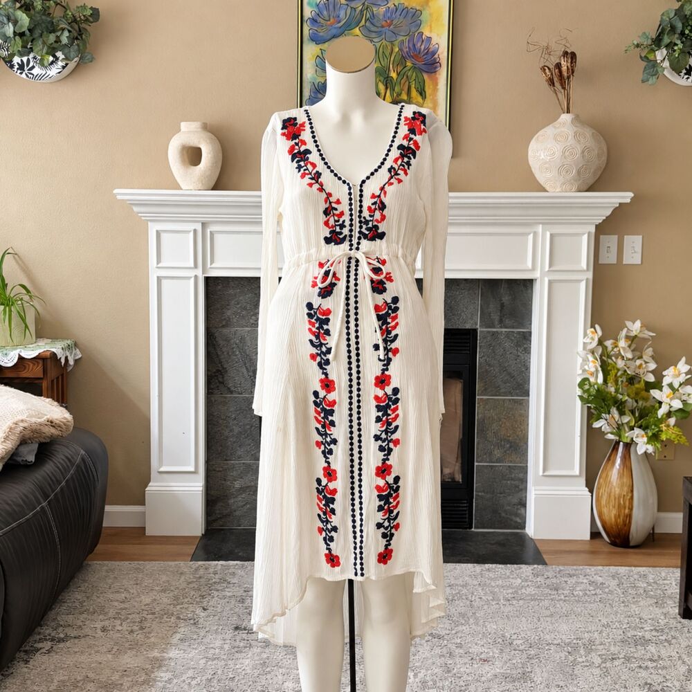 Lovestitch Ivory Embroidered High Low Dress Size M Red Navy Floral Boho